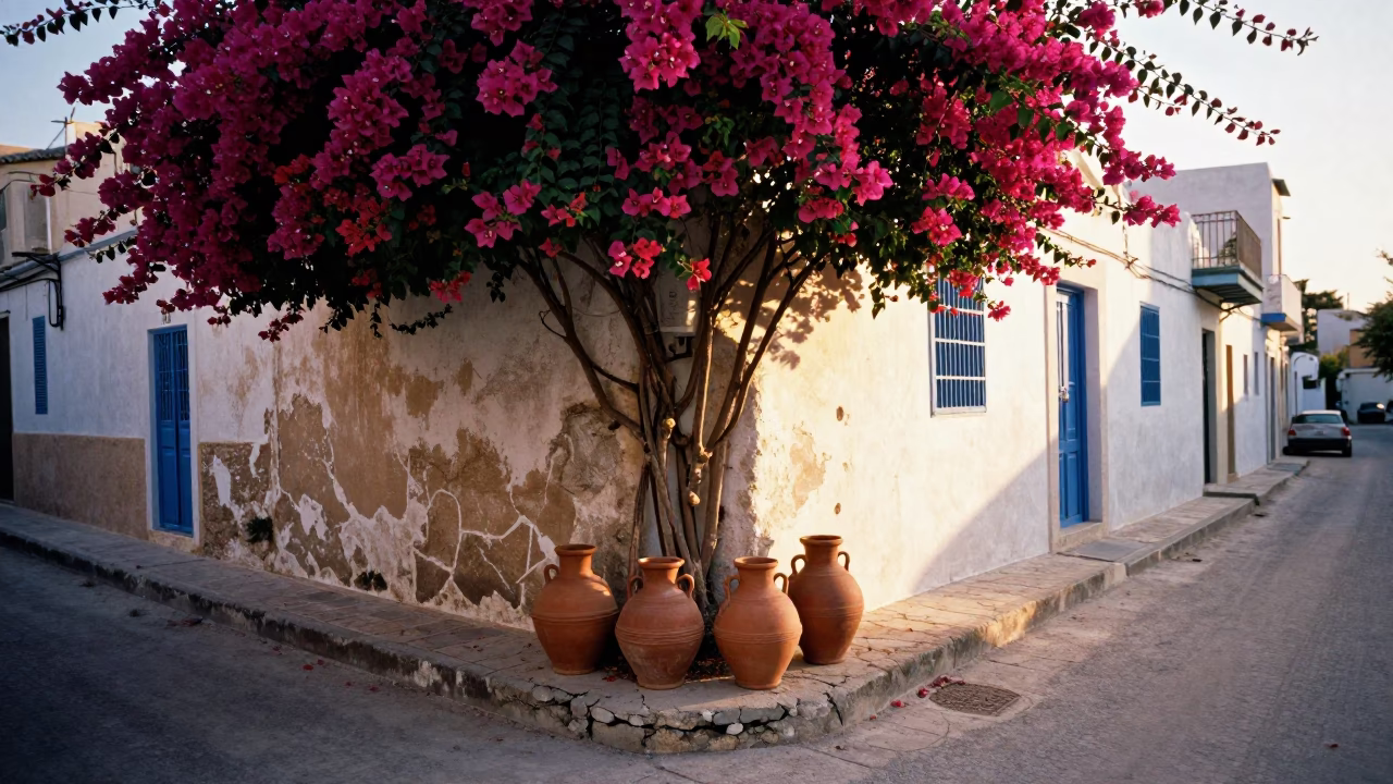 Early Morning Tunis Street Scene with Bougainvillea and Clay Pots in in Tunis, Tunisia