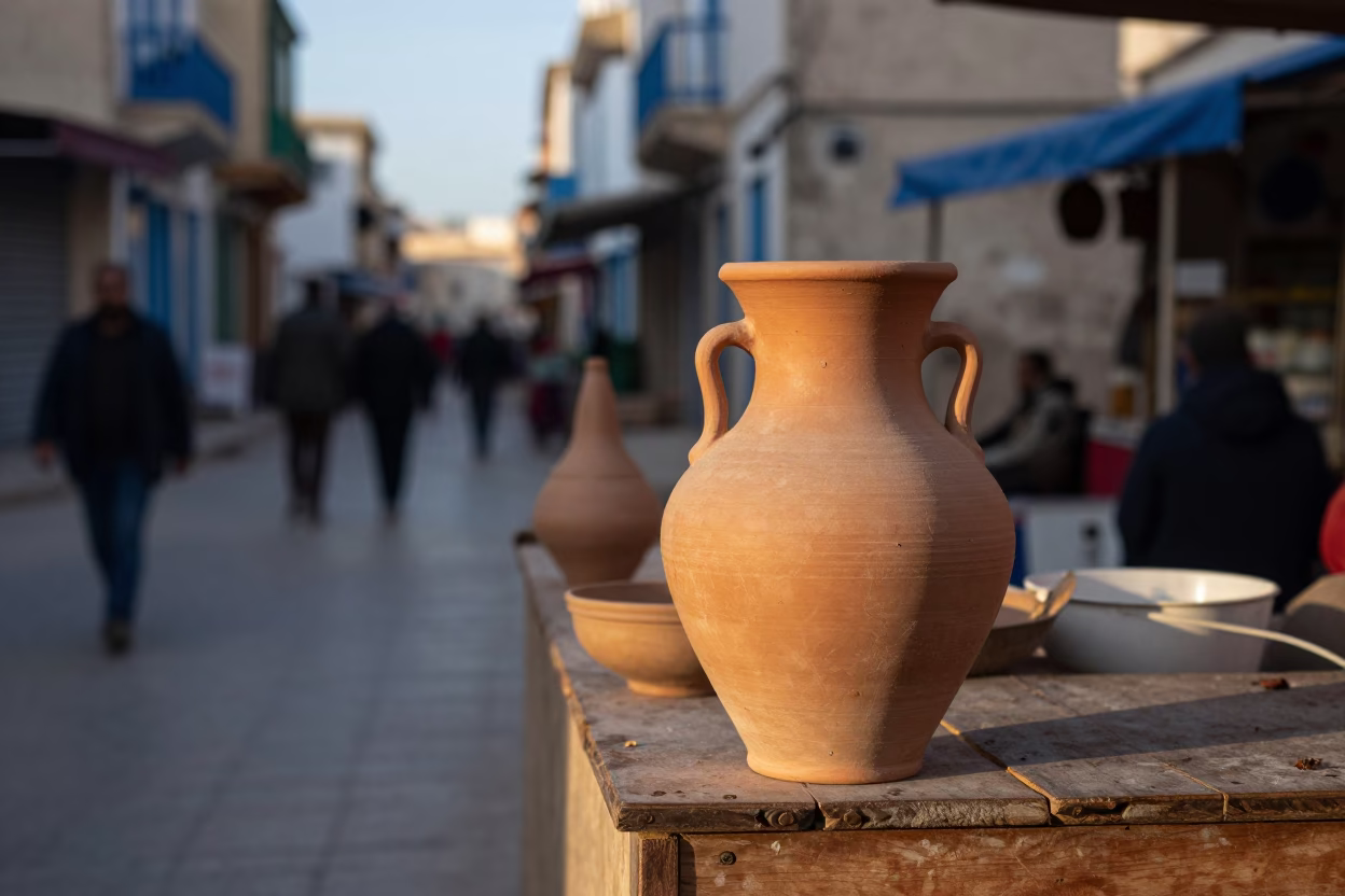 Early Morning Tunis Street Scene with Clay Pot and Umbrellas in 1950s Tunisia in in Tunis, Tunisia