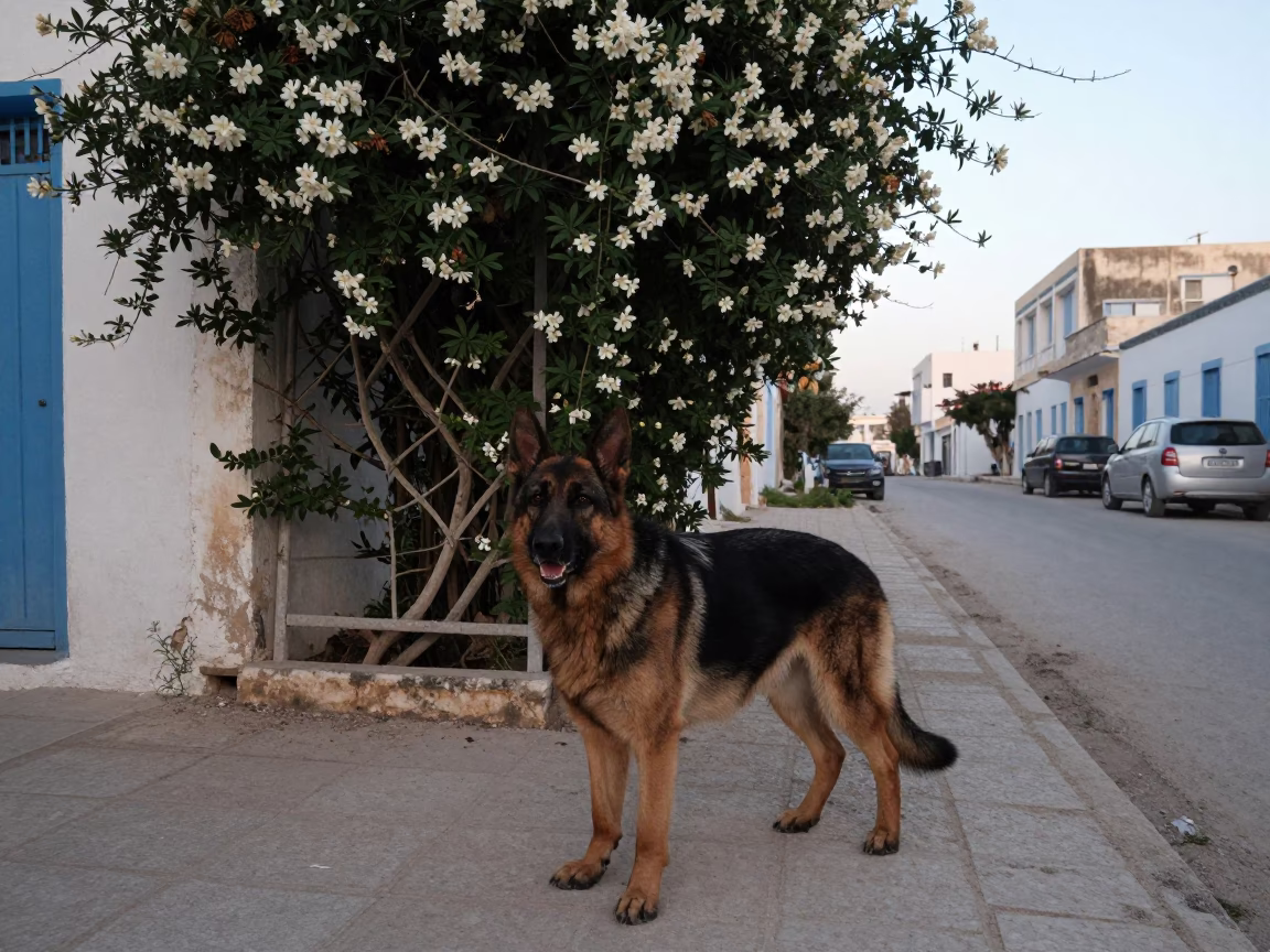 Early Morning Tunis Street Scene with German Shepherd Dog and Climbing Jasmine Trellis in in Tunis, Tunisia