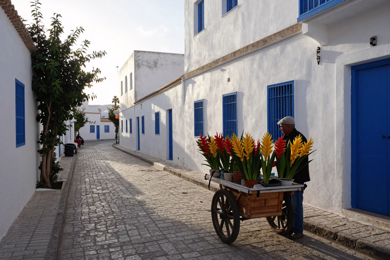Early Morning Tunis Street Scene with Heliconia Flowers and Local Market Activity in in Tunis, Tunisia