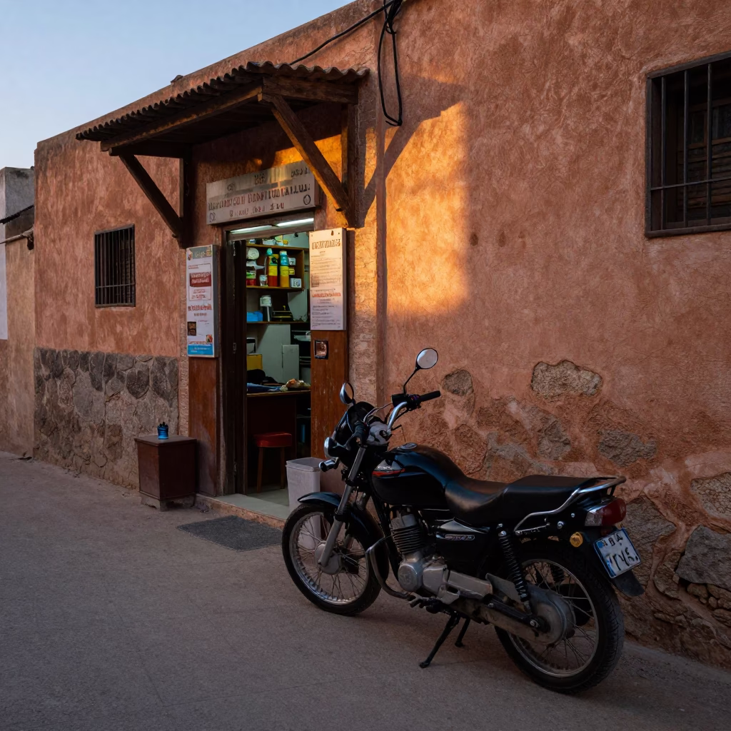 Early Morning Tunis Street Scene with Motorcycle and Mineral-Ringed Mirror in in Tunis, Tunisia