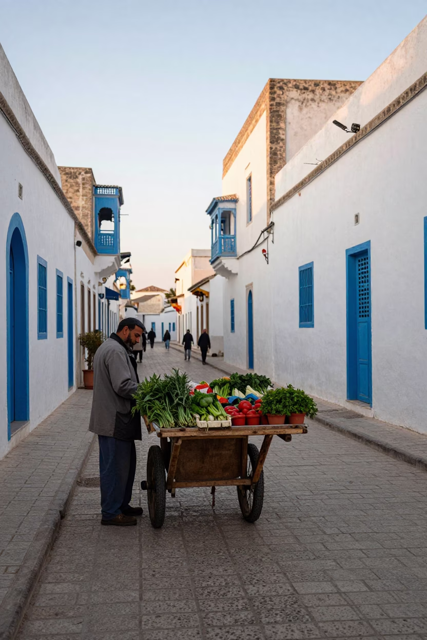 Early Morning Tunis Street Scene with Potted Herbs and Terracotta Pot in in Tunis, Tunisia