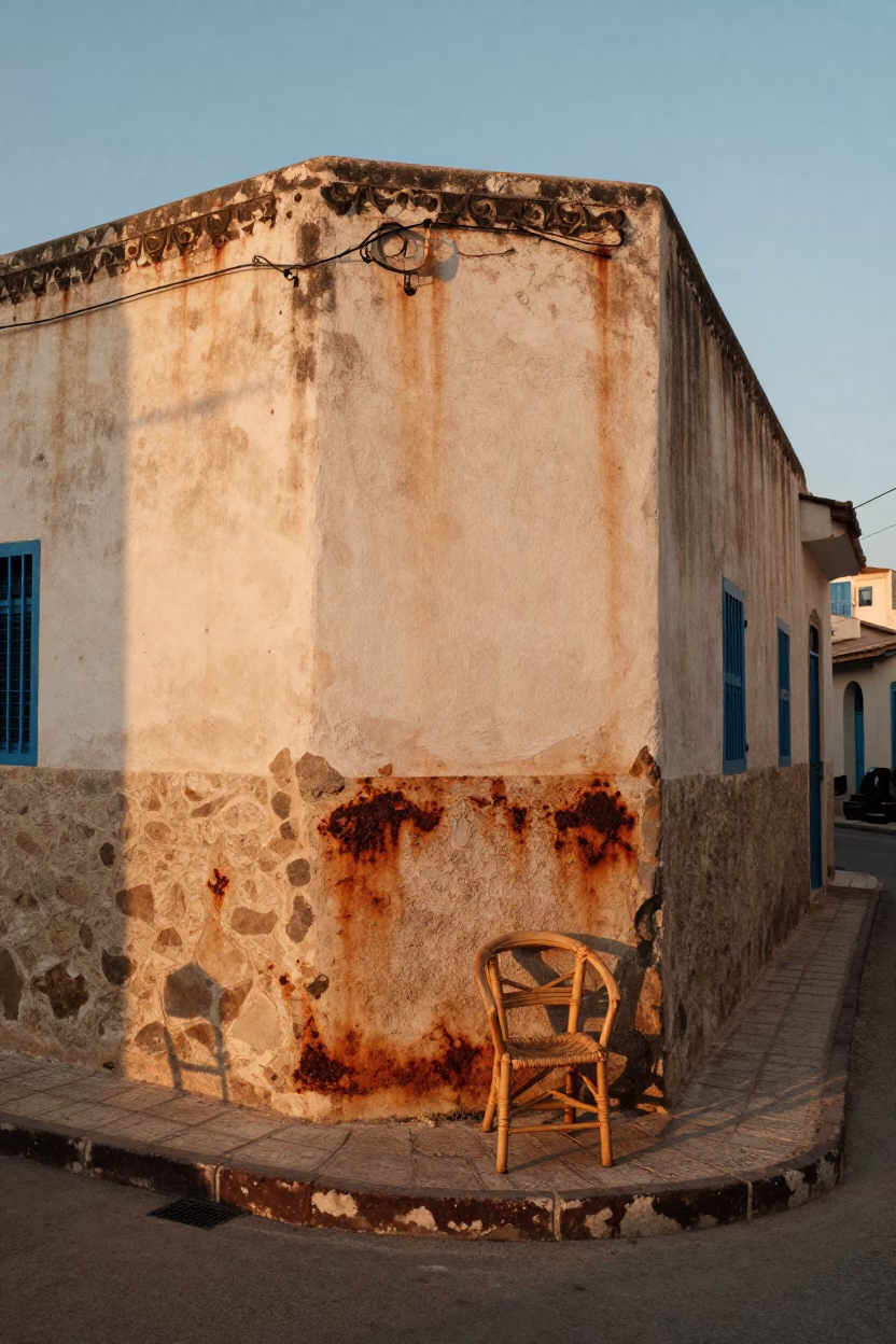 Early Morning Tunis Street Scene with Rusty Walls and Rattan Chair in in Tunis, Tunisia