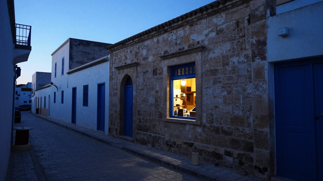 Early Morning Tunis Street Scene with Spool of Thread and Local Commerce Before Sunrise in in Tunis, Tunisia
