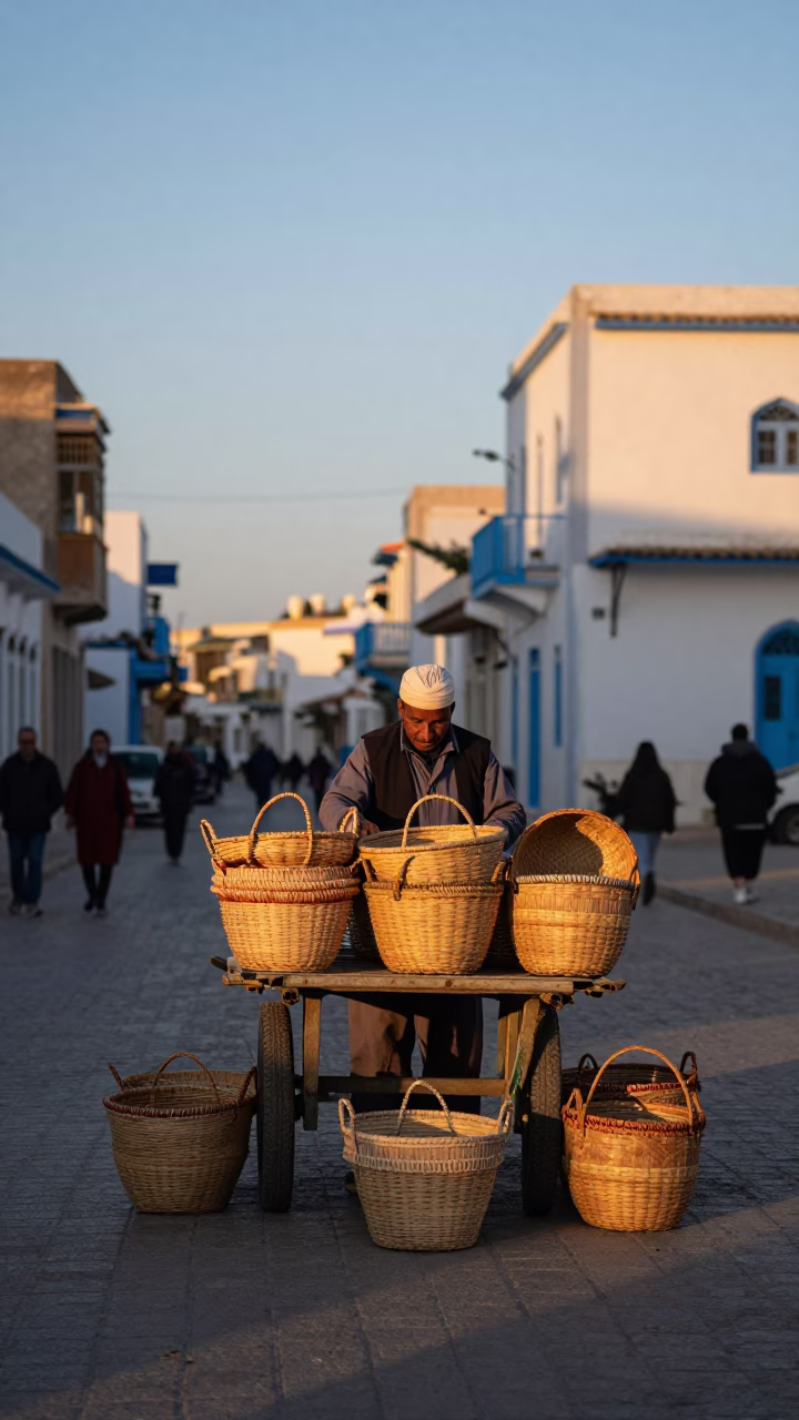 Early Morning Tunis Street Scene with Woven Baskets and Local Commerce Before Dawn in in Tunis, Tunisia