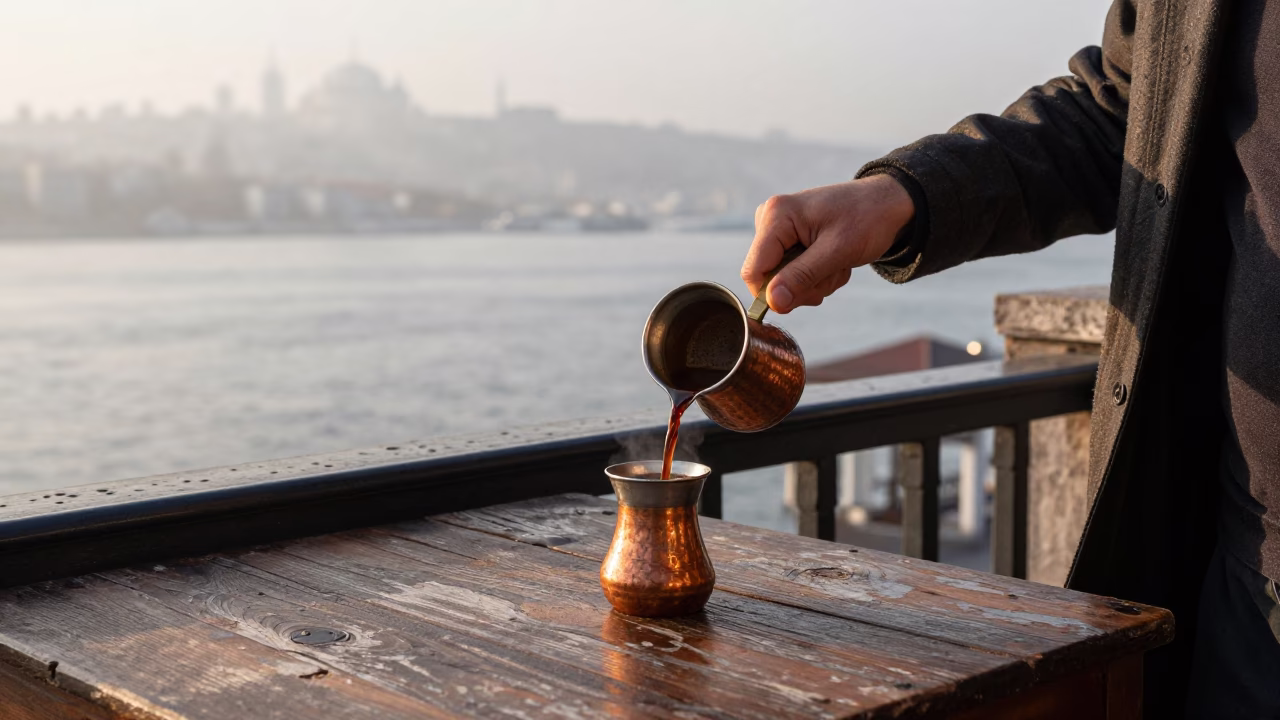 Early Morning Turkish Coffee Scene in Istanbul with Copper Cezve in in Istanbul, Turkey
