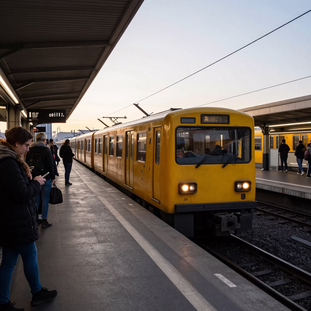 Early Morning U-Bahn Train Arriving at Art-Adorned Berlin Station Platform in in Berlin, Germany