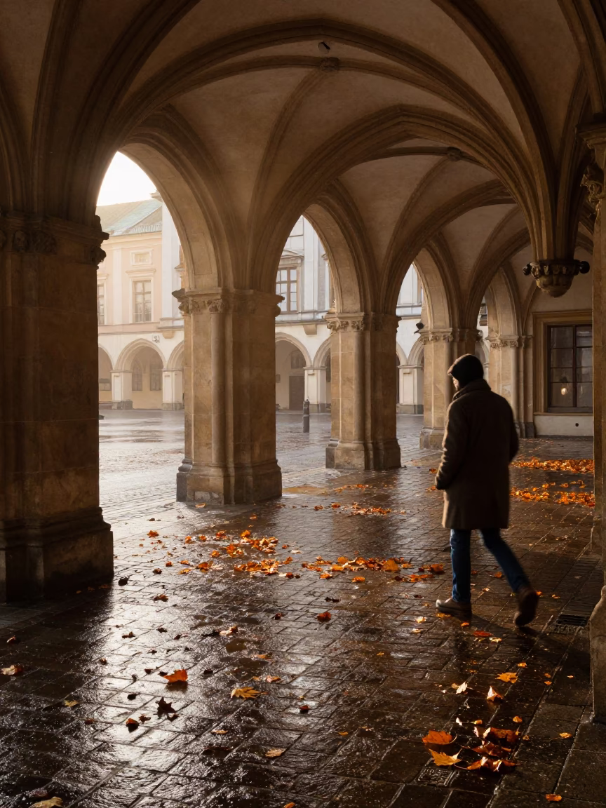 Early Morning University Arcade Wet Leaves Skittering Between Columns in Krakow Poland in in Krakow, Poland