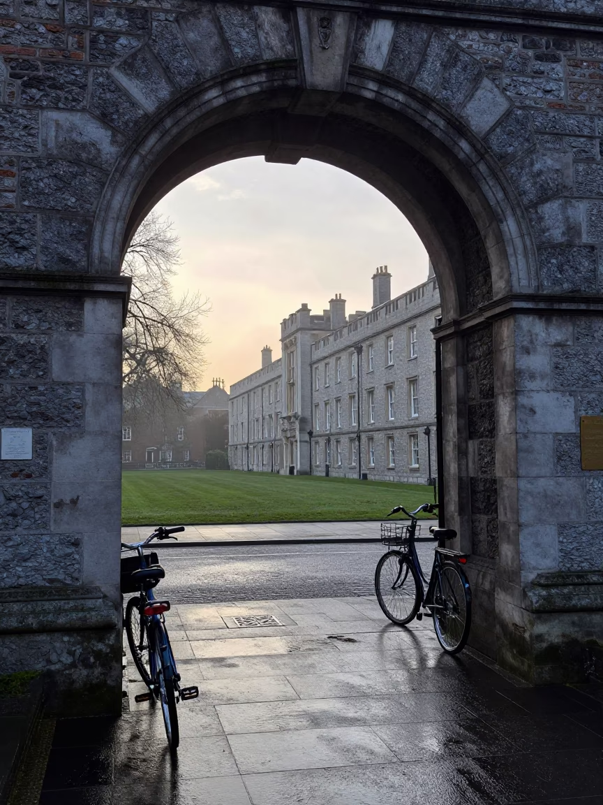 Early morning university archway framing wet campus bicycle rack in Dublin Ireland in in Dublin, Ireland