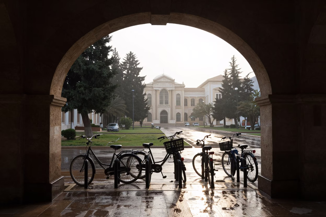 Early Morning University Campus in Tunis Tunisia Wet Bicycle Rack Framed by Historic Archway in in Tunis, Tunisia