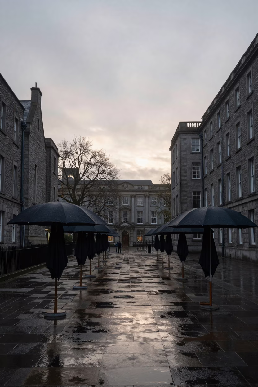 Early Morning University Courtyard in Dublin Ireland with Umbrellas Between Seminar Blocks in in Dublin, Ireland