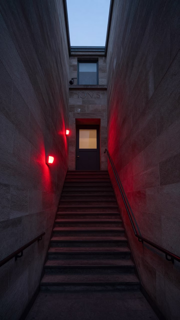 Early Morning University Observatory Stairwell in Berlin With Red Night Bulbs and Dust Mop in in Berlin, Germany