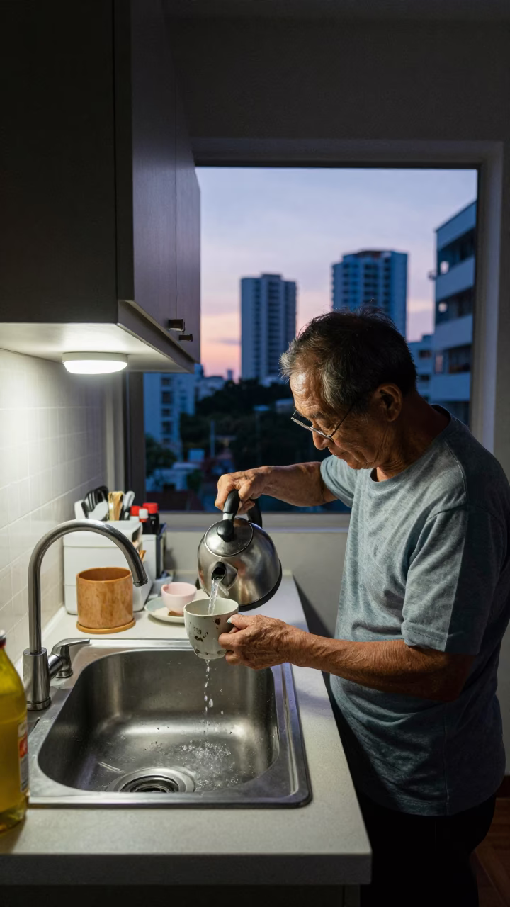 Early Morning Urban Routine in Singapore Before Dawn with Porcelain Jars and Electric Kettle in in Singapore, Singapore