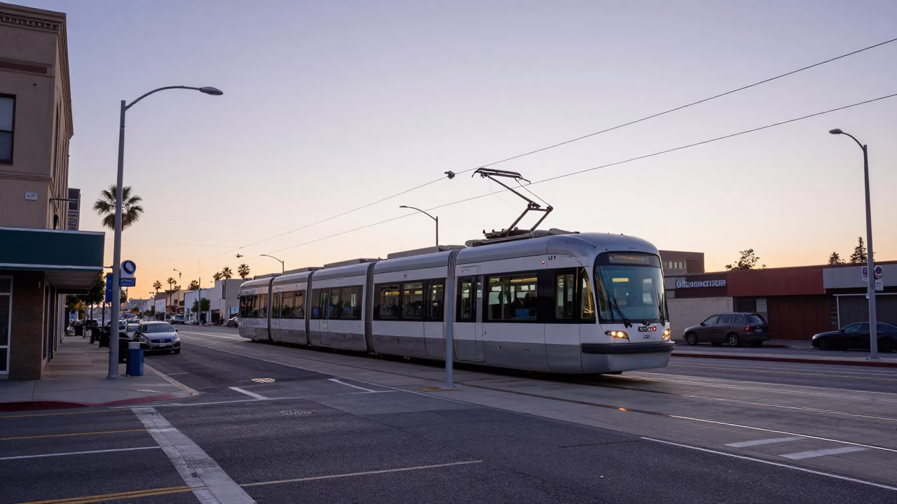 Early Morning Urban San Diego Street Scene with Monorail and Rusty Sill Details in in San Diego, California, United States