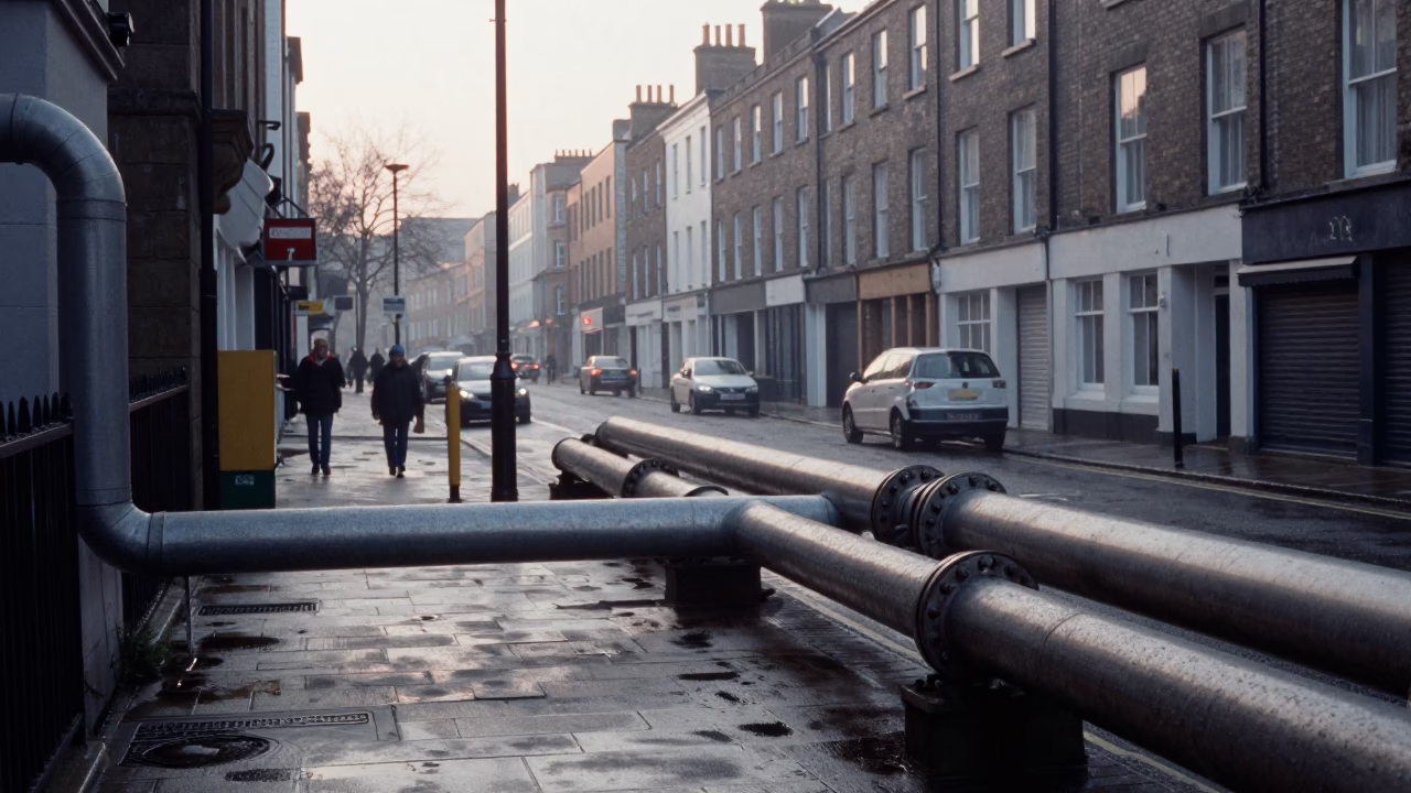 Early Morning Urban Street Scene in Bristol United Kingdom with District Heating Infrastructure in in Bristol, United Kingdom