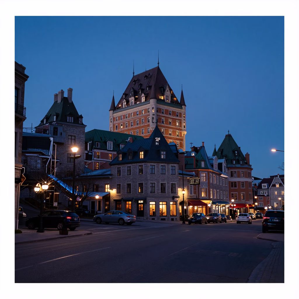 Early Morning Urban Street Scene in Quebec City Before Dawn with Snow and Streetlights in in Quebec City, Quebec, Canada