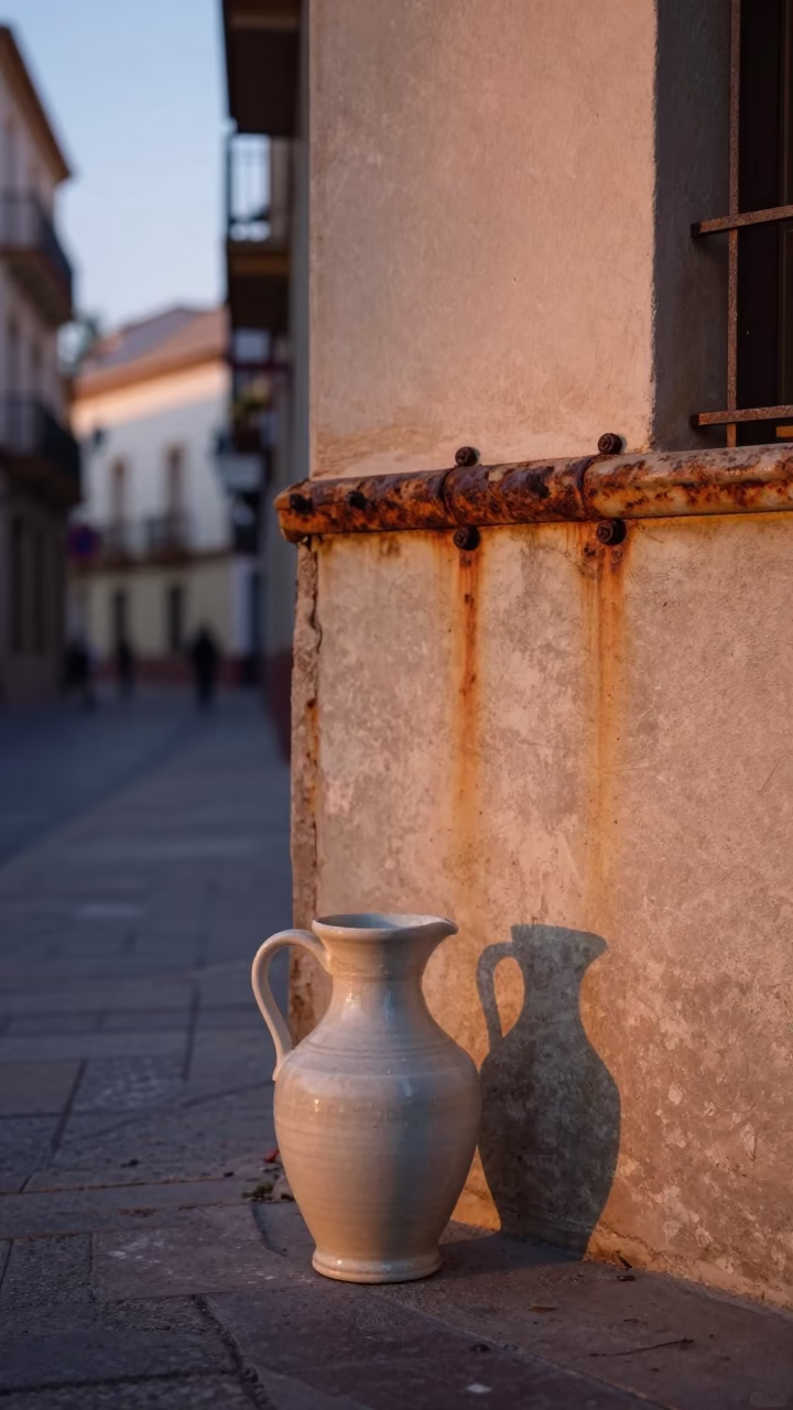 Early Morning Valencia Spain Ceramic Pitcher and Rusting Wall in Historic Street in in Valencia, Spain