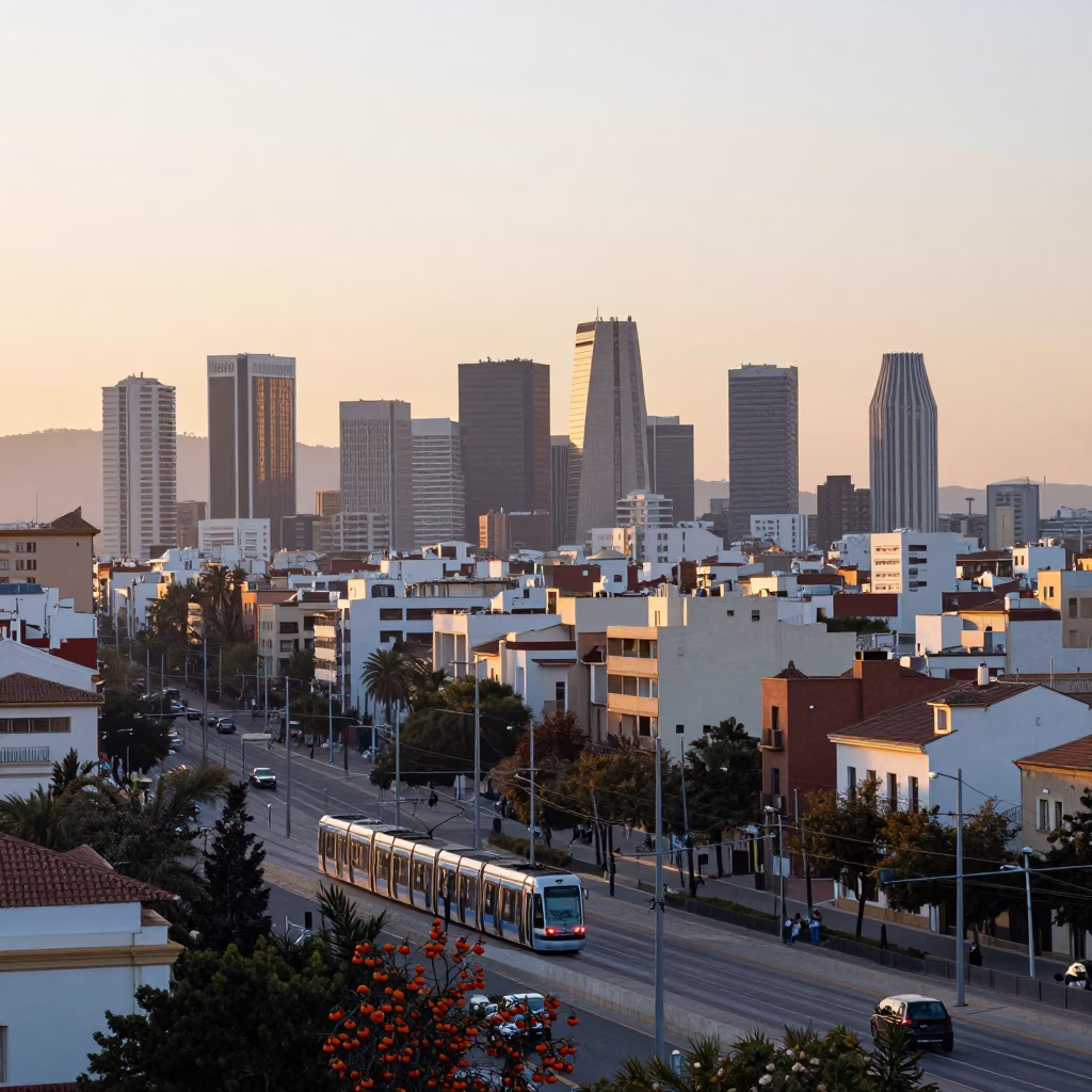 Early Morning Valencia Spain Cityscape with Tram and Persimmons in in Valencia, Spain