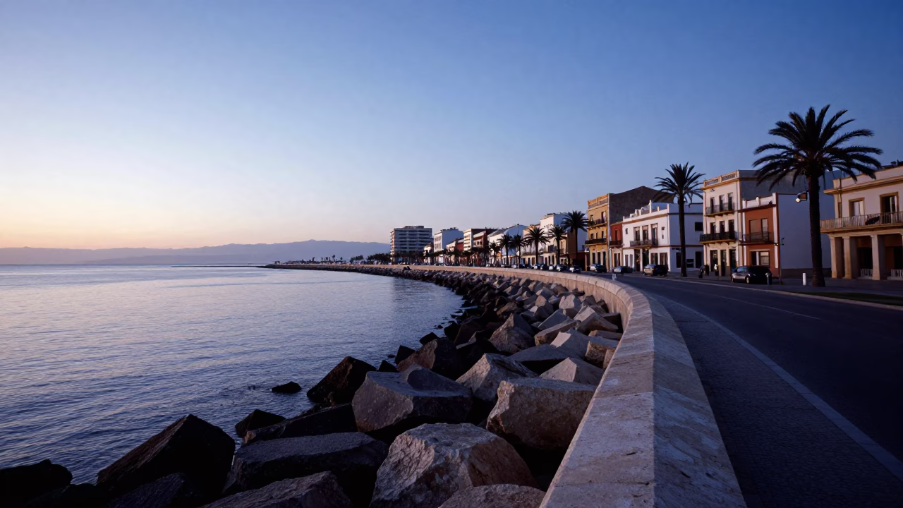 Early Morning Valencia Spain Street Scene Before Sunrise with Breakwater and Harbor Beacon in in Valencia, Spain