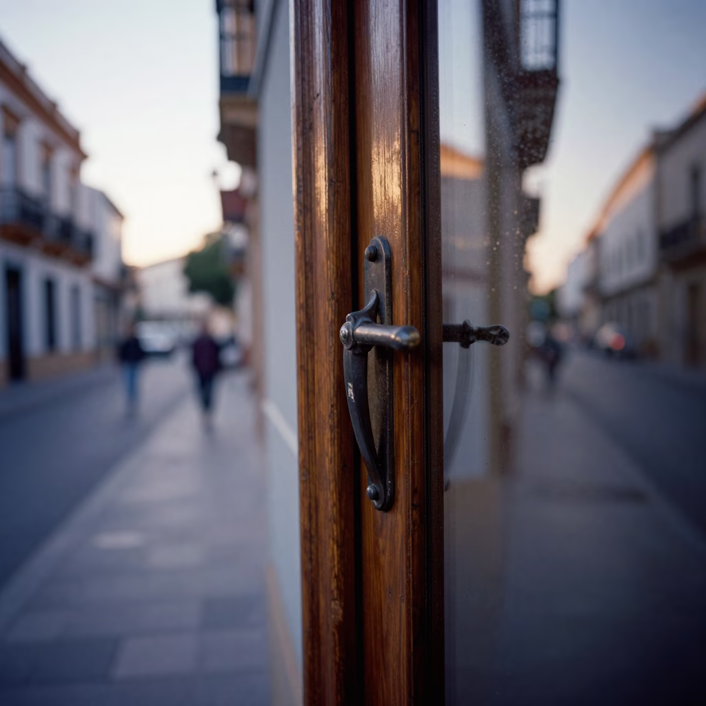 Early Morning Valencia Spain Street Scene with Door Handle and Valet Stand in in Valencia, Spain
