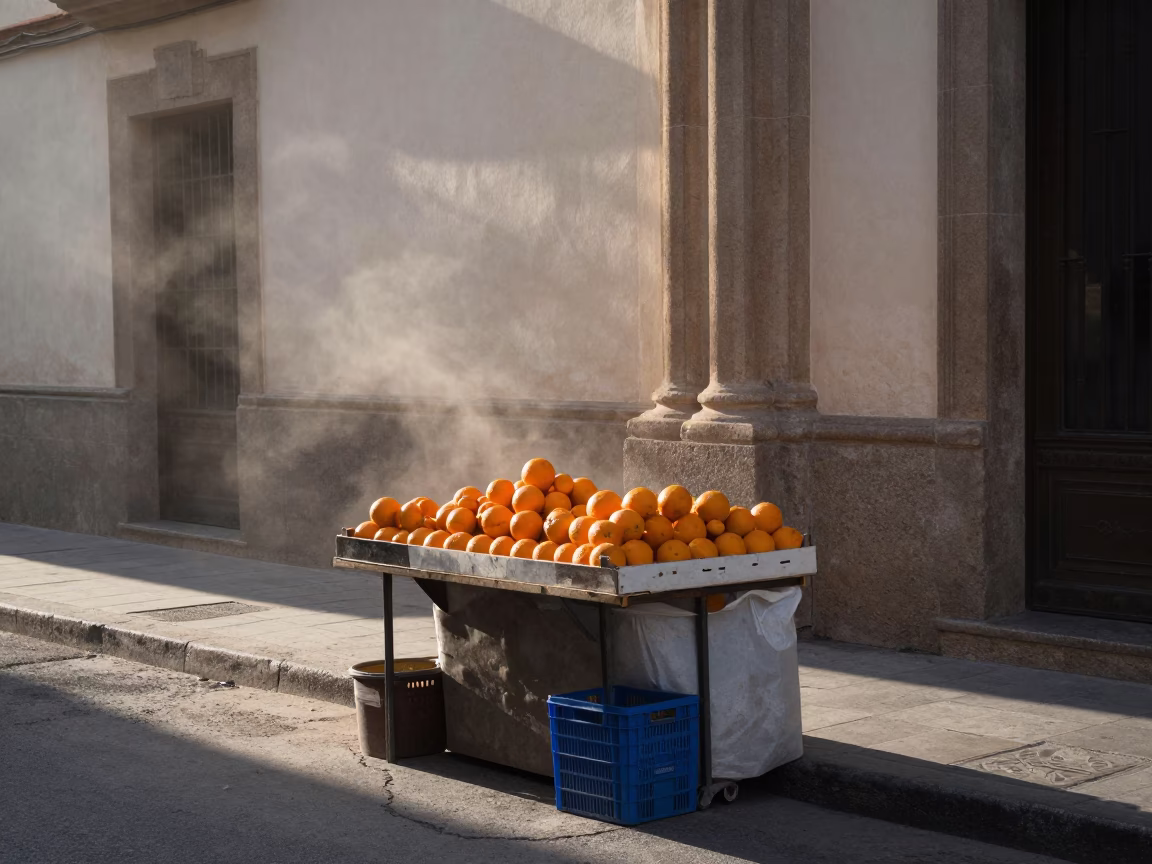 Early Morning Valencia Spain Street Scene with Oranges and Dusty Window in in Valencia, Spain