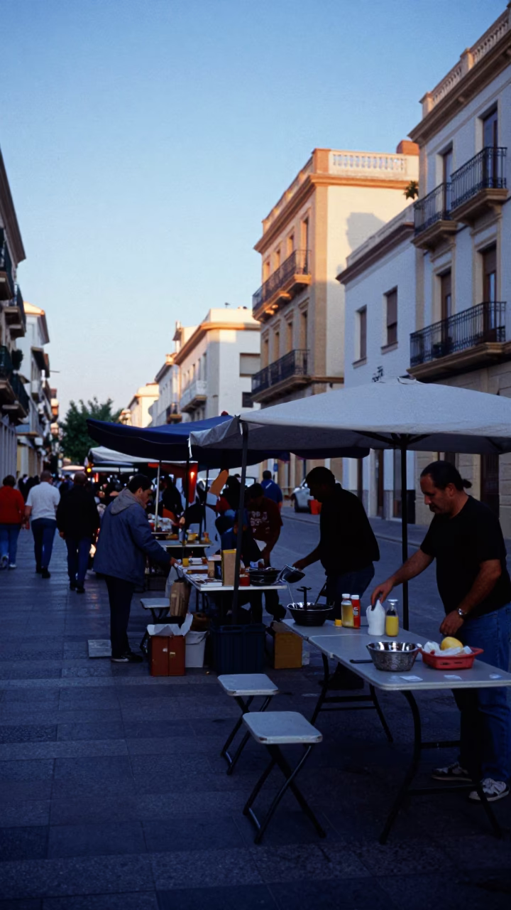 Early Morning Valencia Street Market Setup with Folding Tables and Pitchers Before Sunrise in in Valencia, Spain