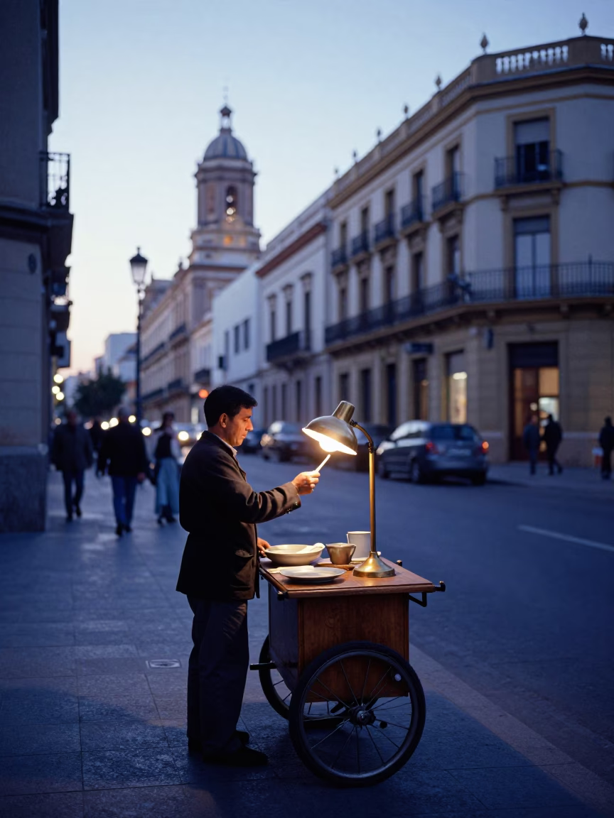 Early Morning Valencia Street Scene Before Sunrise with Local Market Activity in in Valencia, Spain
