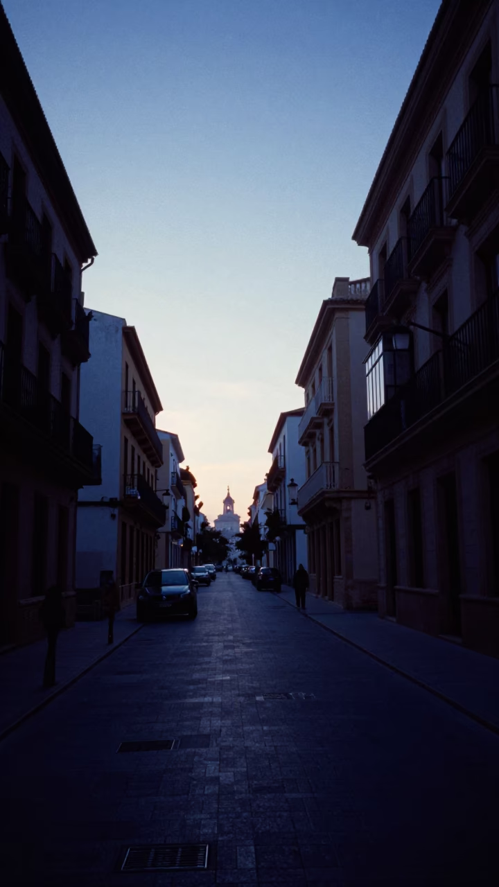Early Morning Valencia Street Scene Before Sunrise with Local Vendor and City Architecture in in Valencia, Spain