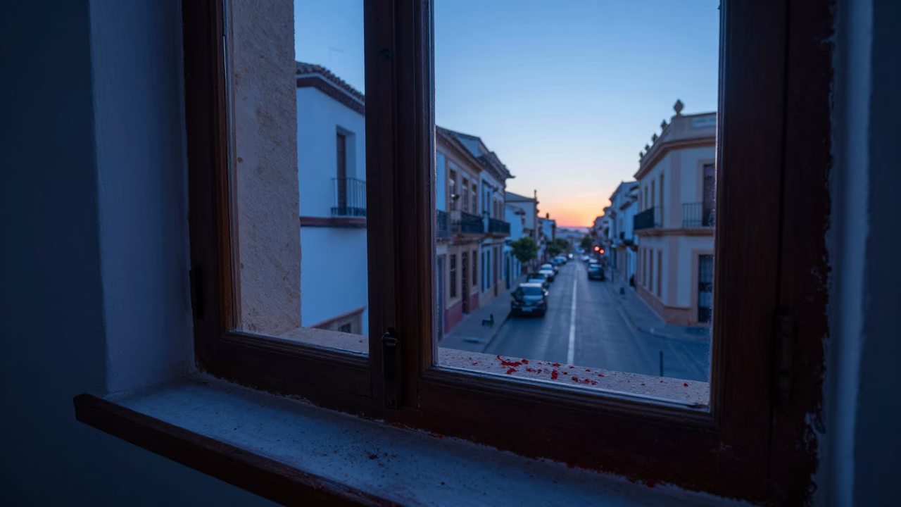 Early Morning Valencia Street Scene Before Sunrise with Paint Flecks on Window Sill in in Valencia, Spain