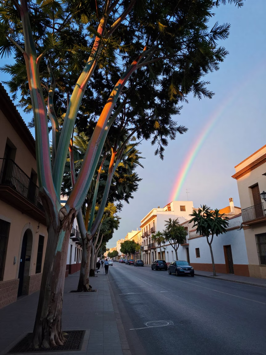 Early Morning Valencia Street Scene Before Sunrise with Rainbow Eucalyptus and Condensation in in Valencia, Spain