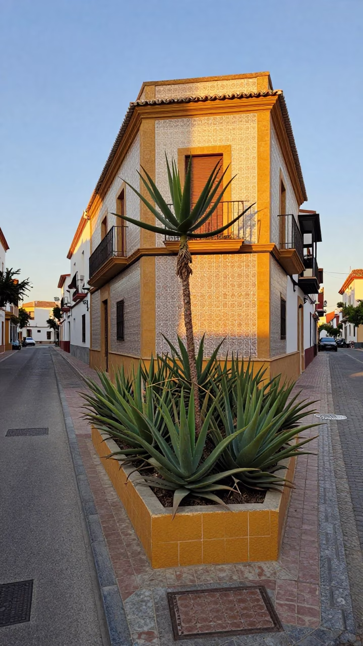 Early Morning Valencia Street Scene with Aloe Vera Plantation and Vintage Bottle in in Valencia, Spain