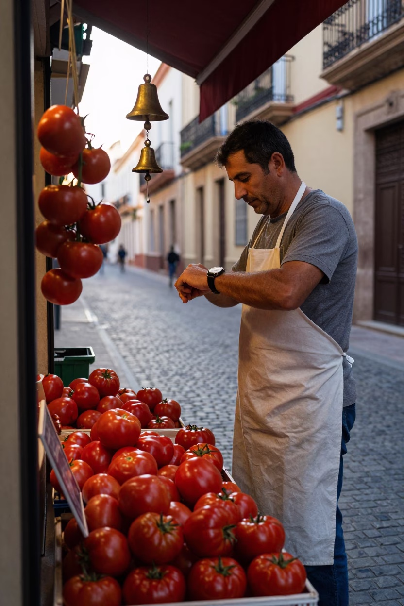 Early Morning Valencia Street Scene with Bell and Tomatoes in in Valencia, Spain