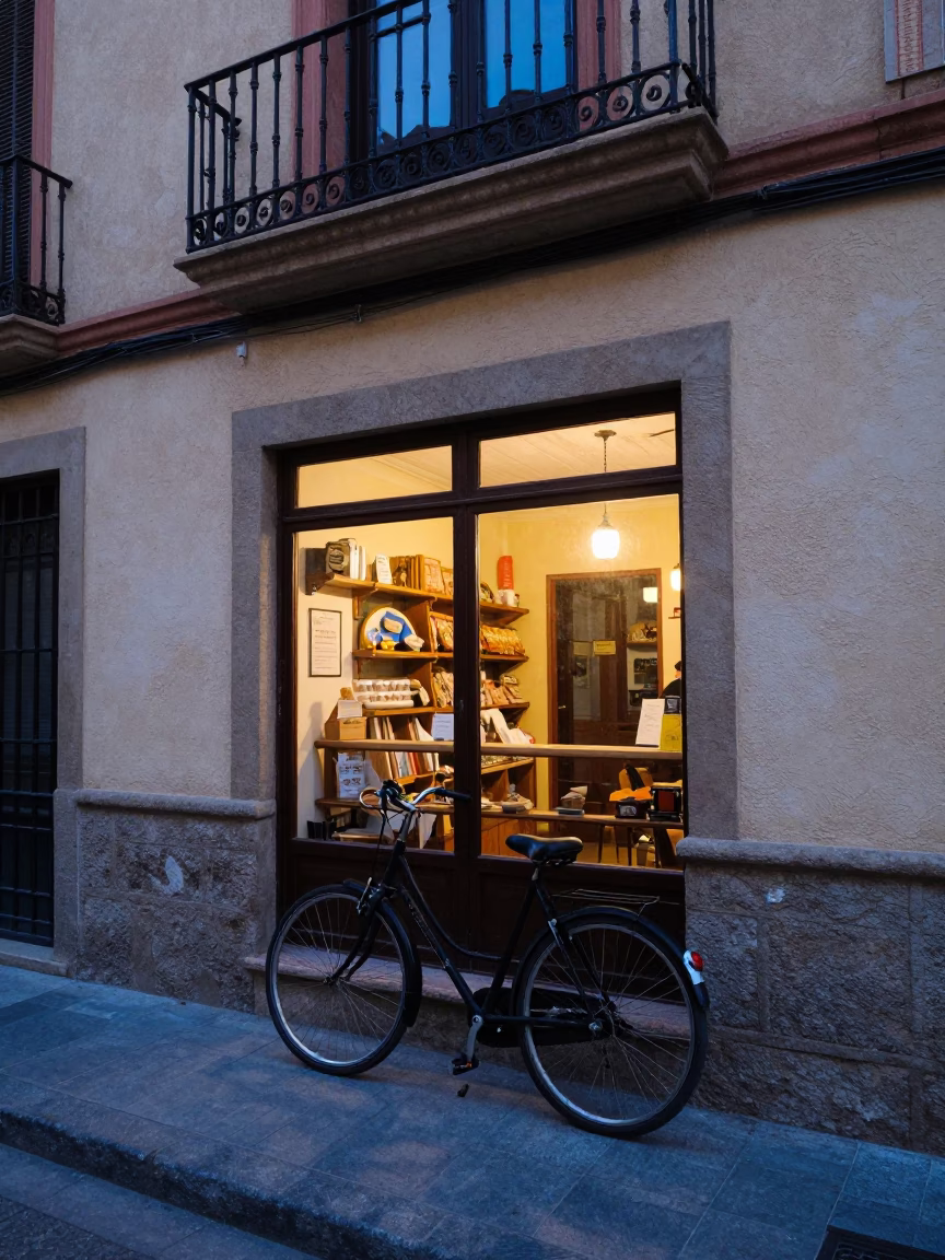 Early Morning Valencia Street Scene with Bicycle and Bakery in in Valencia, Spain