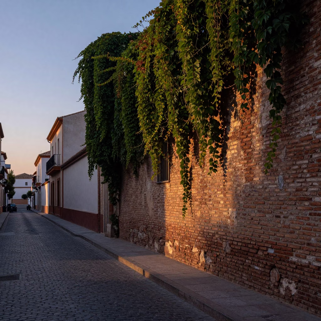 Early Morning Valencia Street Scene with Brick Wall Ivy and Coffee Mug at Sunrise in in Valencia, Spain