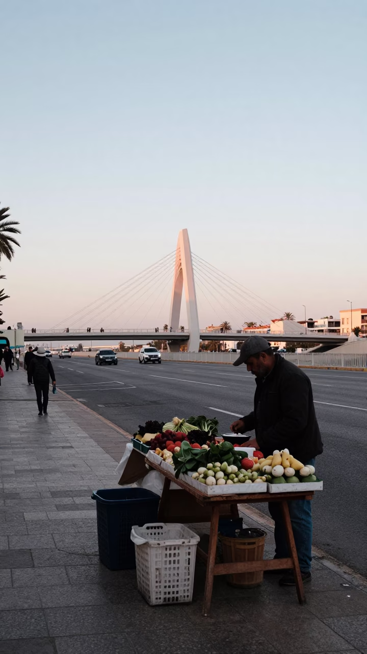 Early Morning Valencia Street Scene with Bridge Pier and Local Market Activity in in Valencia, Spain