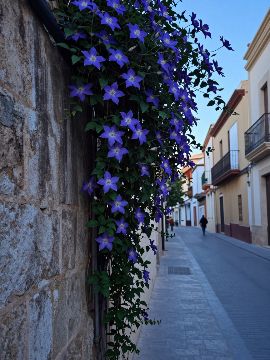 Early Morning Valencia Street Scene with Clematis Vine on Stone Wall and Coiled Rope in in Valencia, Spain