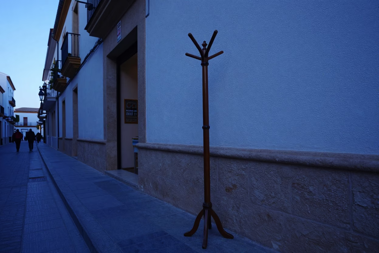 Early Morning Valencia Street Scene with Coat Stand and Grater at Dawn in in Valencia, Spain