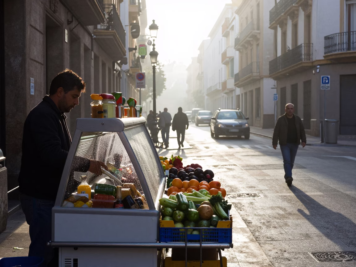 Early Morning Valencia Street Scene with Condensation and Local Market Details in in Valencia, Spain