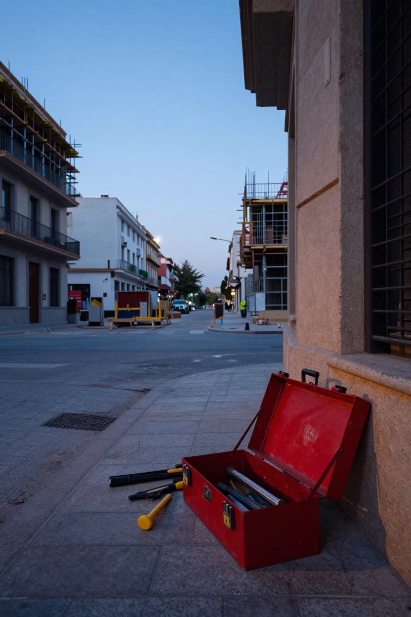 Early Morning Valencia Street Scene with Construction Tools and Local Details in in Valencia, Spain