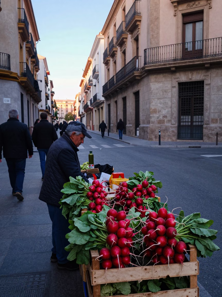 Early Morning Valencia Street Scene with Fresh Radishes and Market Vendor in in Valencia, Spain