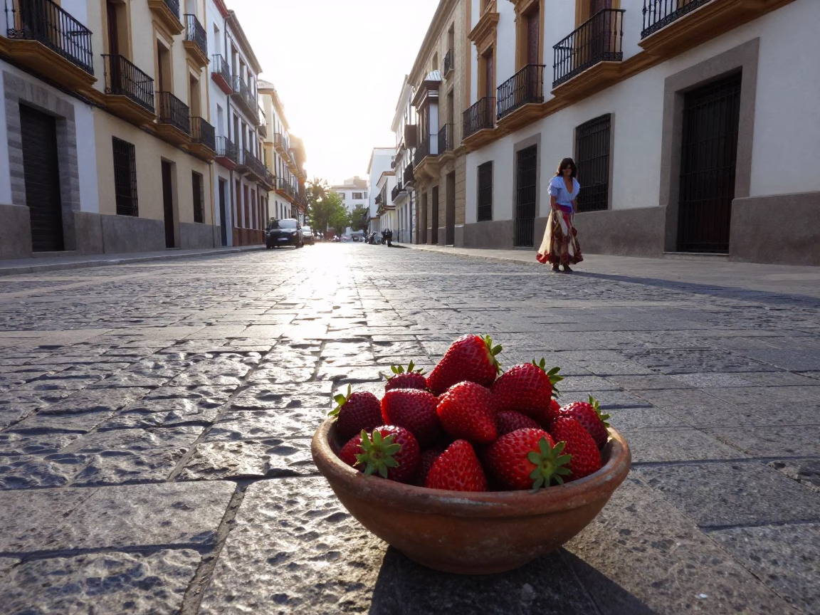 Early Morning Valencia Street Scene with Fresh Strawberries and Local Market Details in in Valencia, Spain