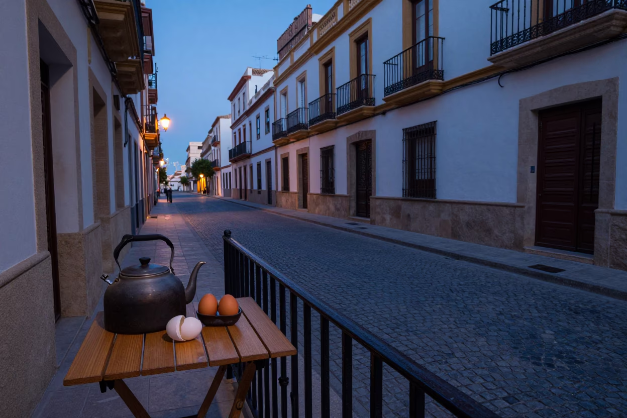 Early Morning Valencia Street Scene with Kettle and Egg Cups on Balcony Before Dawn in in Valencia, Spain