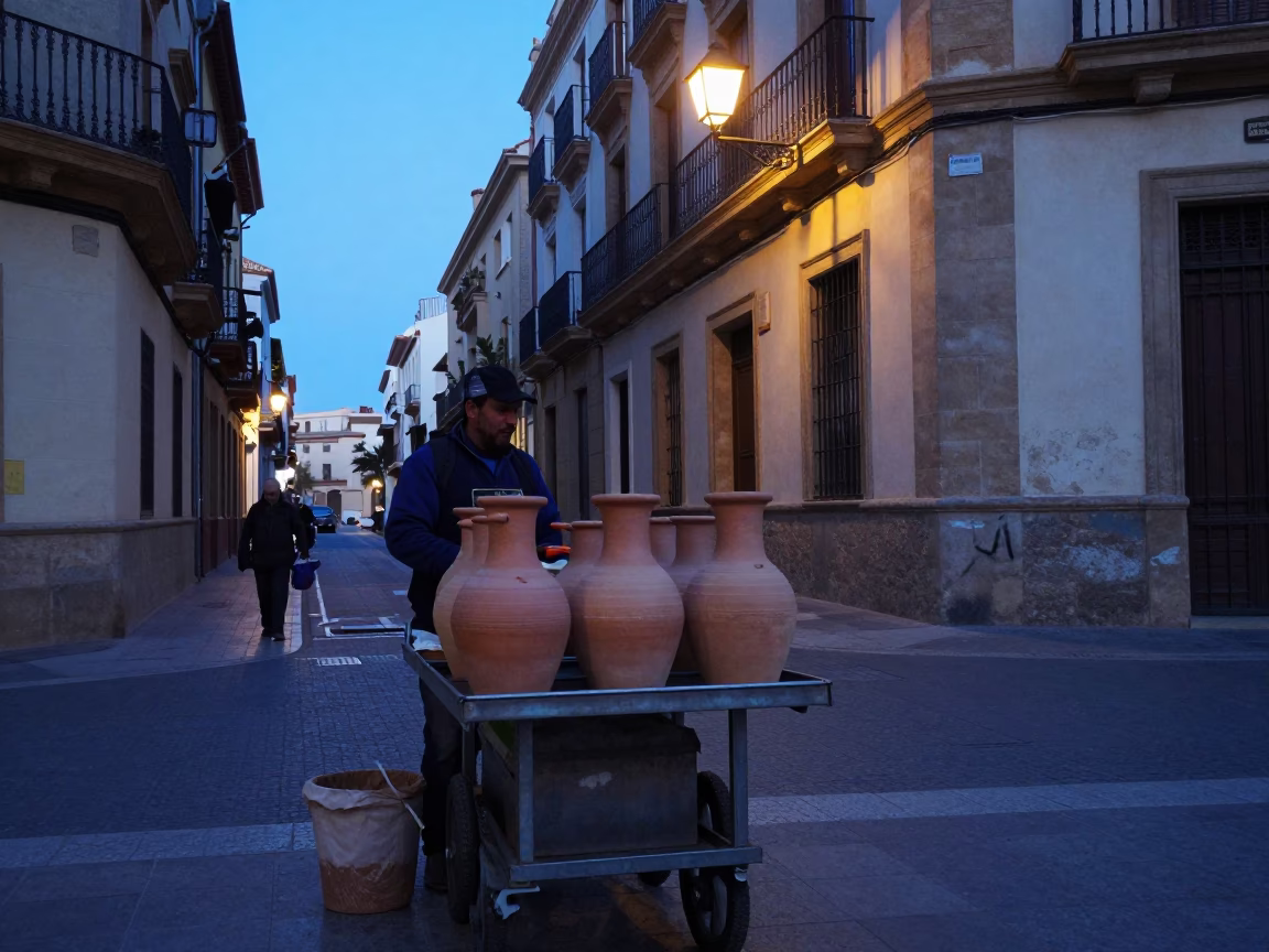 Early Morning Valencia Street Scene with Local Market Vendor and Traditional Ceramic Ware in in Valencia, Spain