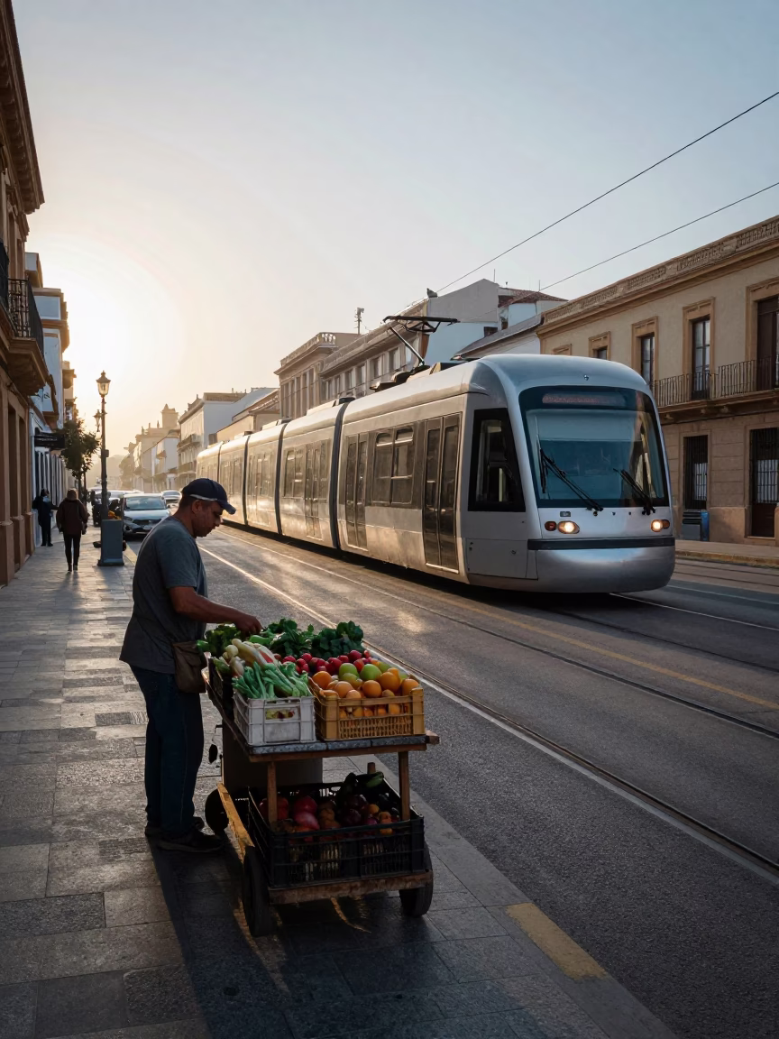 Early Morning Valencia Street Scene with Monorail and Local Life in in Valencia, Spain