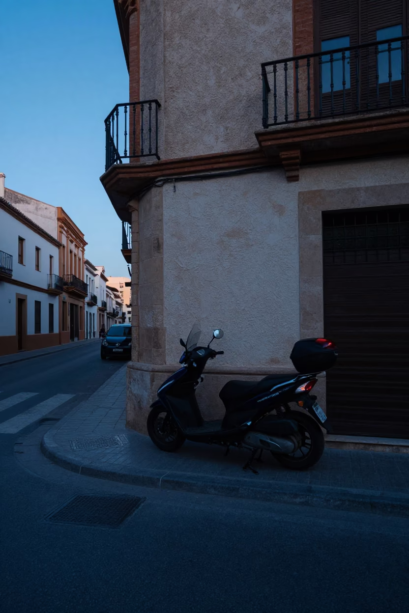 Early Morning Valencia Street Scene with Motorcycle and Local Breakfast at Dawn in in Valencia, Spain
