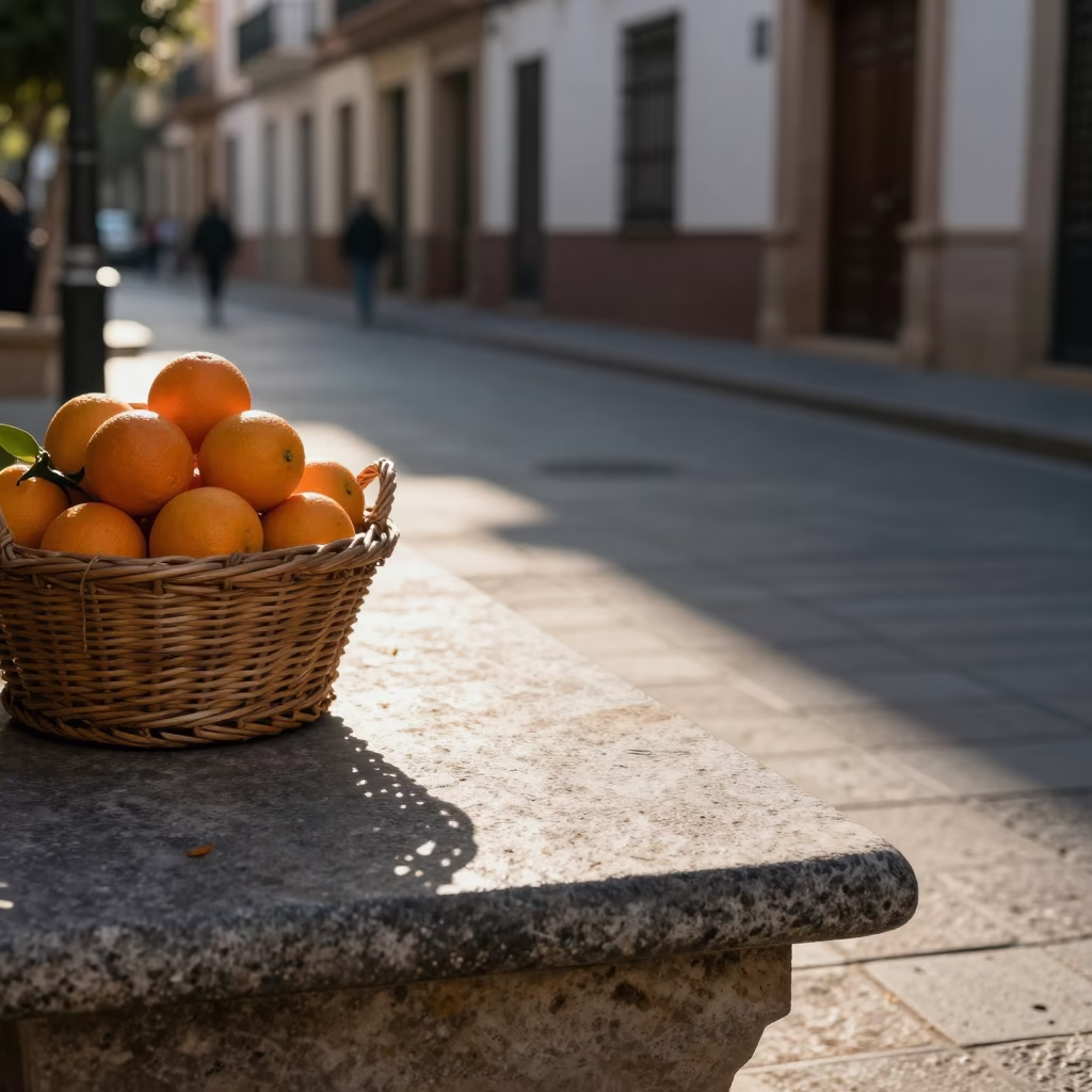 Early Morning Valencia Street Scene with Oranges and Wicker Shadows on a Stone Bench in in Valencia, Spain