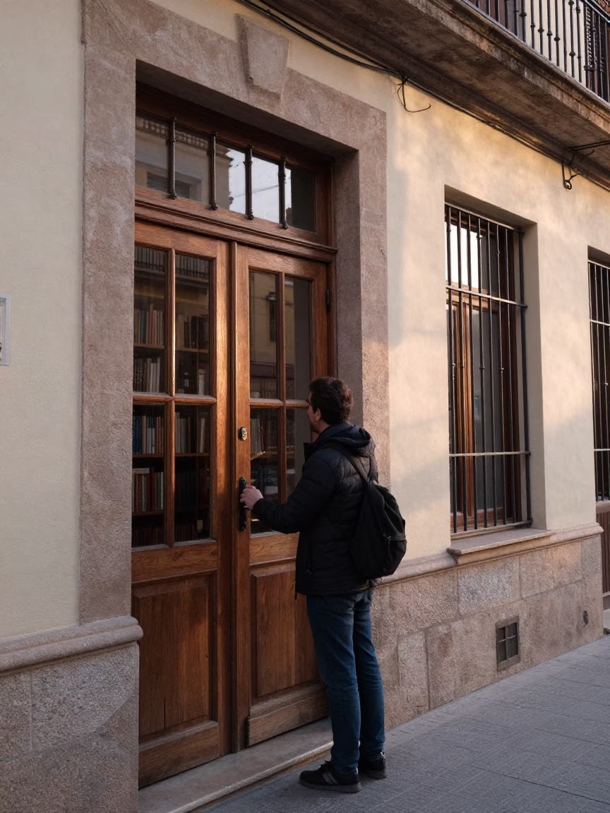 Early Morning Valencia Street Scene with Teacher Unlocking School Library Before Sunrise in in Valencia, Spain