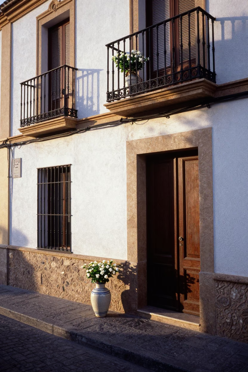 Early Morning Valencia Street Scene with Vase and Door Latch Details in in Valencia, Spain