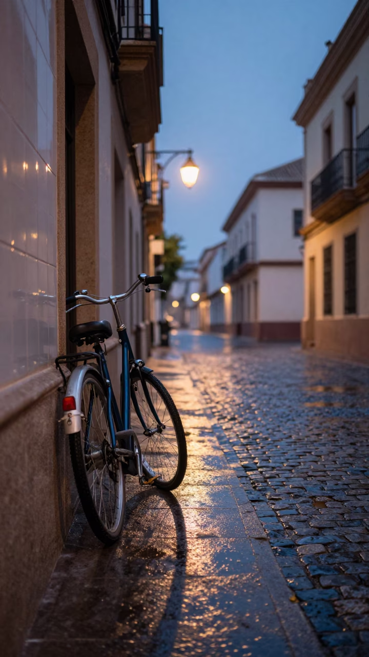 Early Morning Valencia Street Scene with Vintage Bicycle and Wet Cobblestones Before Dawn in in Valencia, Spain