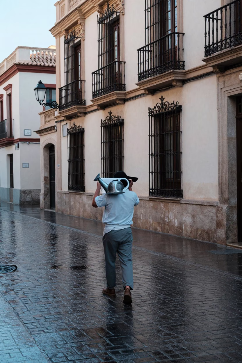 Early Morning Valencia Street Scene with Watering Jug and Urban Architecture in in Valencia, Spain